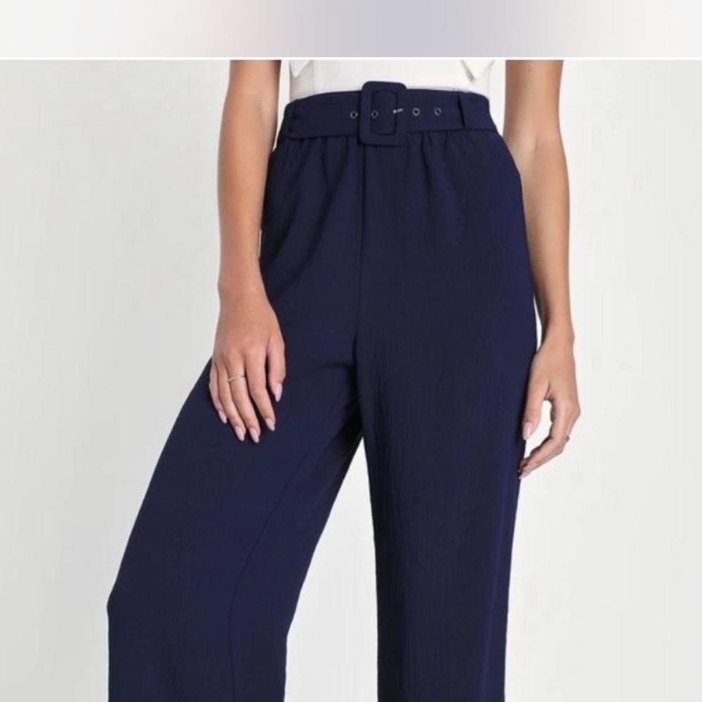 Lulu's Blue Wide Leg High-Waisted Pants with belt
